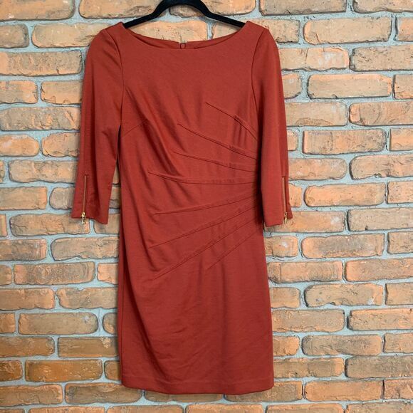 Jessica Howard Sheath Dress Pleats Side Knee Length Burnt Orange Size 4 Petite
